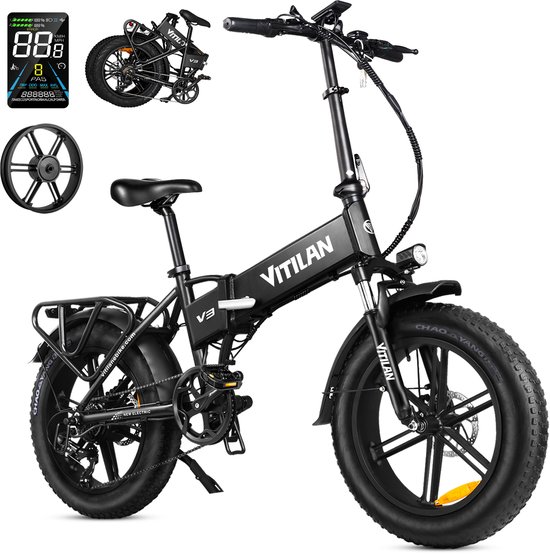 VITILAN V3 2.0 Opvouwbare Elektrische Fiets - 48V 13Ah Accu, 120km Bereik, 20"x4.0" Vetbanden, 7-Speed Shimano - Zwart