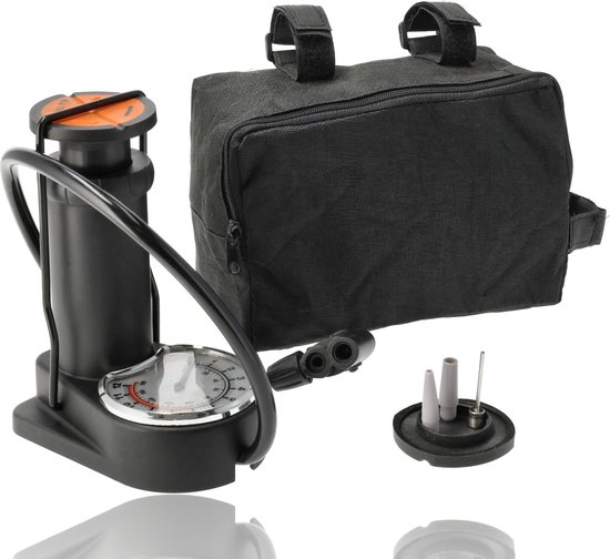 Voetpomp met drukmeter – Geschikt voor dunlop, presta en schrader ventielen – 12 Bar fietspomp, ballenpomp en bandenpomp – Inclusief 3 adapters, naald en opbergtas – Voor fietsen, volleybal en basketbal – Compact formaat 10x15 cm van Merkloos