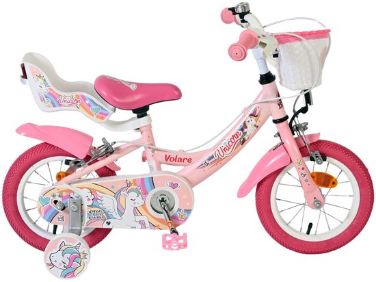 Volare Unicorn Kinderfiets - Meisjes - 12 inch - Roze - Twee handremmen van Merkloos