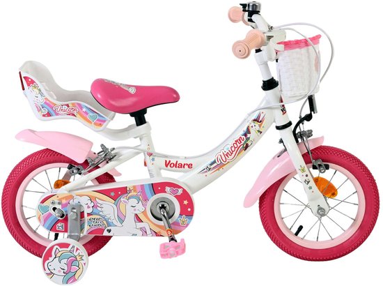Volare Unicorn Kinderfiets - Meisjes - 12 inch - Wit - Twee handremmen van Volare