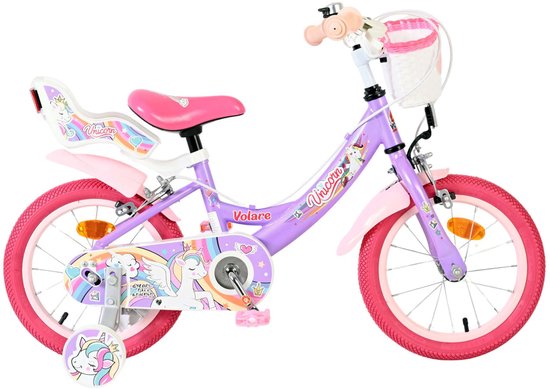 Volare Unicorn Kinderfiets - Meisjes - 14 inch - Paars - Twee Handremmen van Merkloos