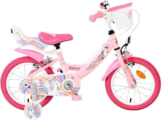 Volare Unicorn Kinderfiets - Meisjes - 14 inch - Roze - Twee Handremmen van Volare