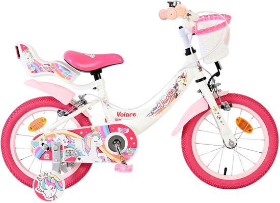 Volare Unicorn Kinderfiets - Meisjes - 14 inch - Wit - Twee Handremmen van Volare
