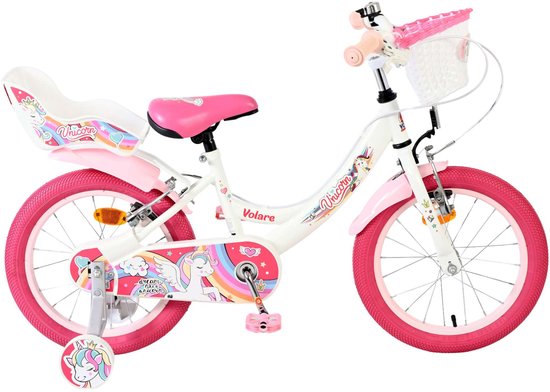 Volare Unicorn Kinderfiets - Meisjes - 16 inch - Wit - Twee Handremmen van Merkloos