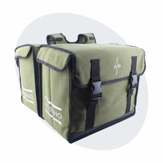Voltano Canvas Dubbele Fietstas 70L XXL - Olijf Groen - 100% Waterdicht - Afstandhouder Optie - Universele bevestiging - Grote Fietstassen Elektrische Fietsen van Voltano