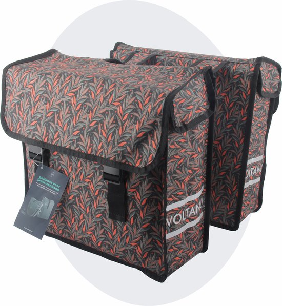 Voltano Dubbele Fietstas Crimson Leaf - Zwarte Met Grijze Bloemen - 38 Liter - 100% Waterdicht Polyester - Vrolijke Fietstassen van Voltano