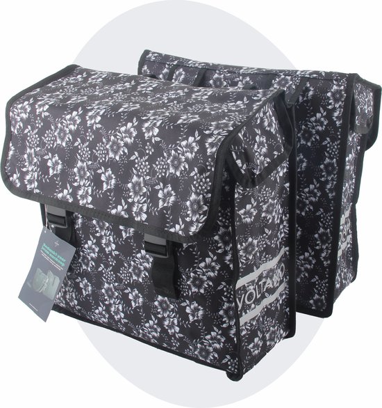 Voltano Dubbele Fietstas Floral Elegance - Zwart Met Witte Bloemen - 38 Liter - 100% Waterdicht Polyester - Vrolijke Fietstassen van Voltano