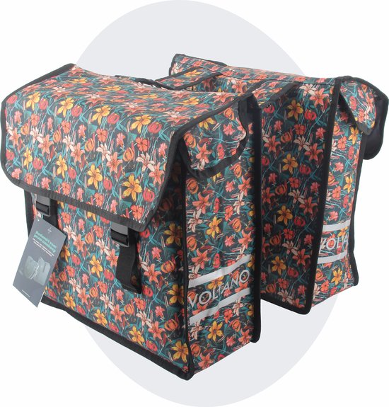 Voltano Dubbele Fietstas Floral Fiesta - Zwart Met Kleurrijke Bloemen - 38 Liter - 100% Waterdicht Polyester - Vrolijke Fietstassen van Voltano