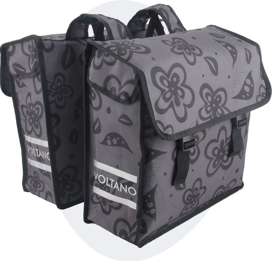 Voltano Dubbele Fietstas Floral Fusion - Grijs Met Bloemen - 38 Liter - 100% Waterdicht Polyester - Vrolijke Fietstassen van Voltano