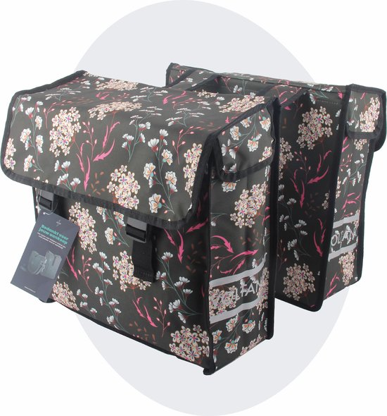 Voltano Dubbele Fietstas Pink Elegance - Grijs Met Bloemen - 38 Liter - 100% Waterdicht Polyester - Vrolijke Fietstassen van Voltano