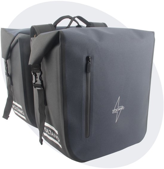 Voltano Dubbele Fietstas Rolltop Luxe E-bike - Zwart / Donkerblauw - 48 Liter - 100% Waterdicht - Fietstassen Elektrische Fietsen van Voltano