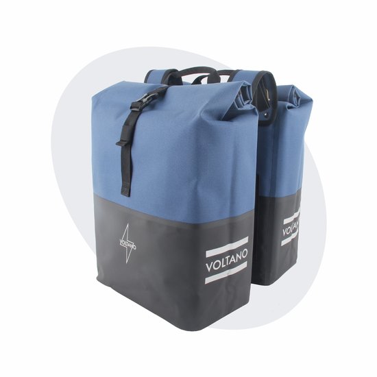 Voltano Dubbele Fietstas Rolltop Reflective Special Edition - Zwart / Lakeblue - 50 Liter - 100% Waterdicht - Fietstassen Electrische Fietsen van Voltano