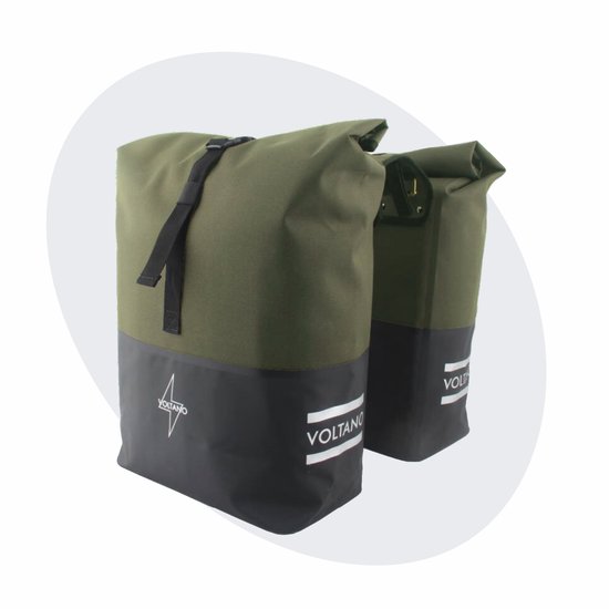 Voltano Dubbele Fietstas Rolltop Reflective Special Edition - Zwart / Olijfgroen - 50 Liter - 100% Waterdicht - Fietstassen Electrische Fietsen van Voltano