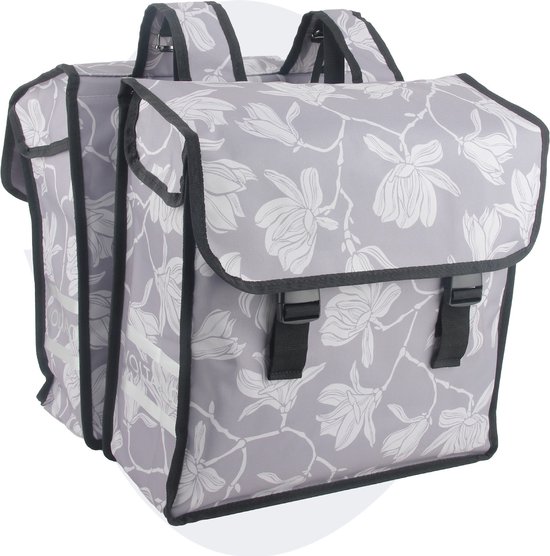 Voltano Dubbele Fietstas Rose Harmony - Licht Grijs Met Bloemen - 38 Liter - 100% Waterdicht Polyester - Vrolijke Fietstassen van Voltano