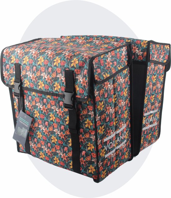 Voltano Dubbele Fietstas XXL - Floral Fiestas - Zwart Met Kleurrijke Bloemen - 60 Liter - Waterdicht - Universele bevestiging - Grote Fietstassen Elektrische Fietsen van Voltano