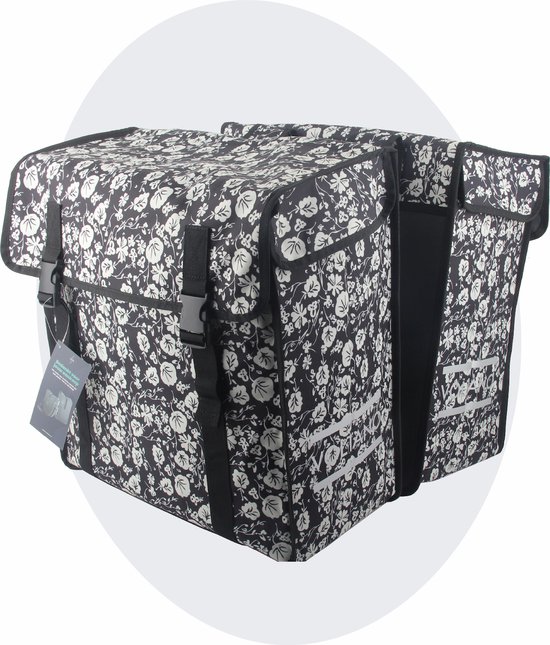 Voltano Dubbele Fietstas XXL - Midnight Blossom - Zwart Met Witte Bloemen - 60 Liter - Waterdicht - Universele bevestiging - Grote Fietstassen Elektrische Fietsen van Voltano
