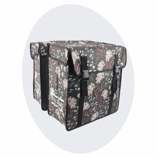 Voltano Dubbele Fietstas XXL - Pink Elegance - Grijs Met Bloemen - 60 Liter - Waterdicht - Universele bevestiging - Grote Fietstassen Elektrische Fietsen van Voltano