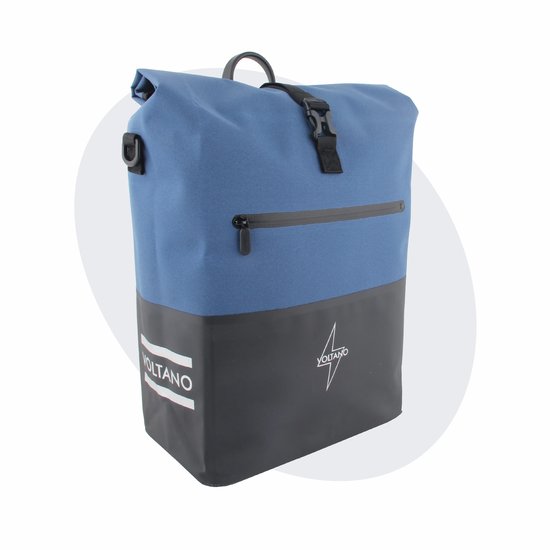 Voltano Enkele Fietstas Rolltop Reflective Special Edition - Zwart / Lakeblue - 25 Liter - 100% Waterdicht - Gratis Extra Beugels Voor E-bike - Fietstassen Electrische Fietsen van Voltano