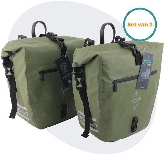 Voltano Enkele Fietstas Set E-bike - Olijf Groen - 2 x 23 Liter - Gratis Schouderband - 100% Waterdicht - Fietstassen Elektrische Fietsen van Voltano