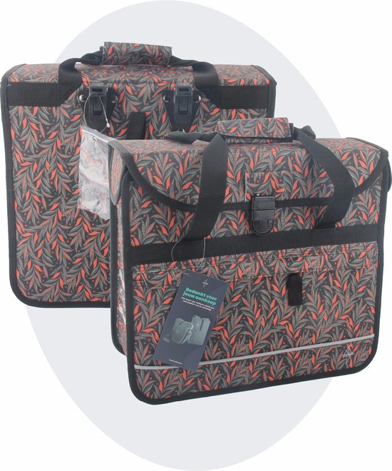 Voltano Enkele Shopper Fietstas - 17 Liter - Crimson Leaf - Zwart Met Grijze Bloemen - Waterdicht - Luxe Universele Bevestiging van Voltano