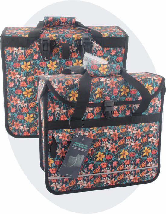 Voltano Enkele Shopper Fietstas - 17 Liter - Floral Fiesta - Zwart Met Kleurrijke Bloemen - Waterdicht - Luxe Universele Bevestiging van Voltano