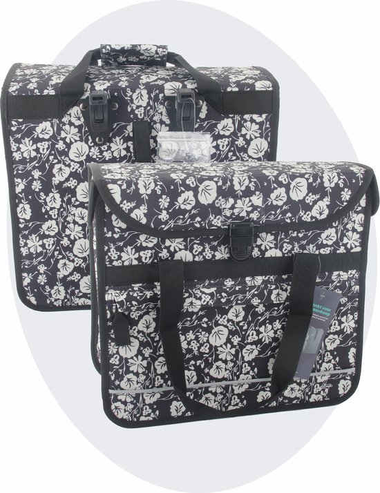 Voltano Enkele Shopper Fietstas - 17 Liter - Midnight Blossom - Zwart Met Witte Bloemen - Waterdicht - Luxe Universele Bevestiging van Voltano