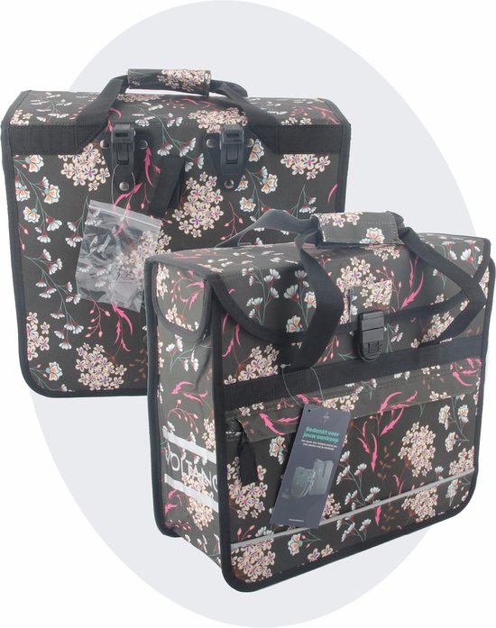 Voltano Enkele Shopper Fietstas - 17 Liter - Pink Elegance - Zwart Met Witte Bloemen - Waterdicht - Luxe Universele Bevestiging van Voltano