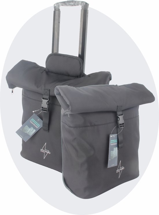 Voltano Fietstrolley Tas 2.0 - Fietstas en Trolley in 1 - Zwart - Laptopvak - 18-28 Liter - Verstelbare Lange Hendel - Luxe Bevestiging Systeem van Voltano