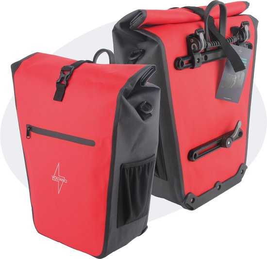 Voltano Luxe E-bike Fietstas 28L - Zwart / Rood - Pakaftas Met Laptop vak - 100% Waterdicht - Met Gratis Schouderband van Voltano