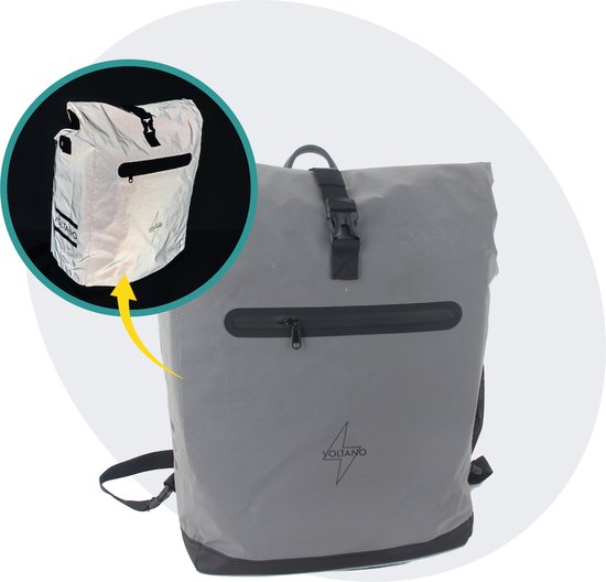 Voltano Luxe E-bike Fietstas / Rugtas - Special Edition - Volledig Reflecterend Grijs - 28L - 100% Waterdicht - Gratis Schouderband - Groot Laptop Vak - Reflective van Voltano
