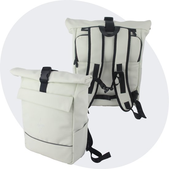 Voltano Luxe E-bike Rolltop Fietstas / Rugtas 28L - Crème - Enkele Pakaftas - 100% Waterdicht - Gratis Schouderband - Groot Laptop Vak van Voltano