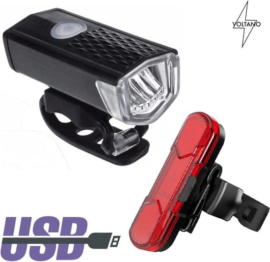 Voltano Luxe Verlichtingsset - USB Oplaadbaar - Fietsverlichting Voorverlichting en achterverlichting - 30 lux - 2 USB Kabels - Meerdere Verlichtingsstandanden - Nooit Meer Batterijen Nodig - 100% Waterdicht - Inclusief Bevestigingsmaterialen