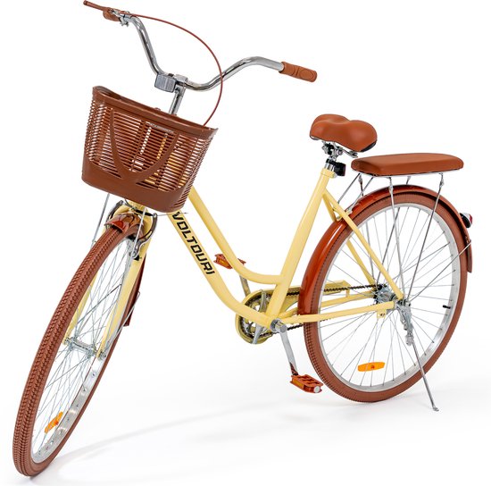 VOLTOURI Damesfiets 28 Inch Retro Citybike - Mand & Bagagedrager - Stalen Frame - 1 Versnelling - lichtgeel van Merkloos
