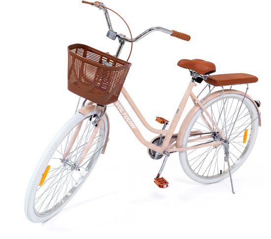 VOLTOURI Damesfiets 28 Inch Retro - Stalen Frame - Mand & Bagagedrager - 1 Versnelling - Lage Instap Beige van Merkloos