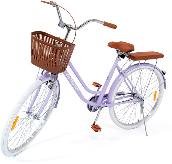 VOLTOURI Damesfiets 28 Inch Retro - Stalen Frame - Mand & Bagagedrager - 1 Versnelling - lila van Merkloos