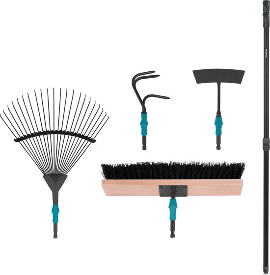 VONROC Premium tuingereedschap set 4-in-1, V-Fix systeem, met bladhark, bezem, schoffel en cultivator – gepoedercoat staal van VONROC