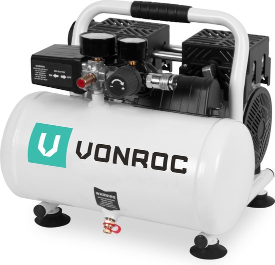 VONROC PRO Stille Compressor - Olievrij - 750W - 1PK - 128 l/min. - 6 Liter - 8 Bar - 57,5dB(A) - Silent - Low noise - Wit