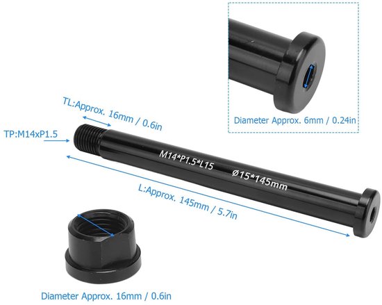 Vooras Aluminium - Thru Axle 15x145mm - M14xP1.5 - Mountainbike - Schacht - Lichtgewicht - As
