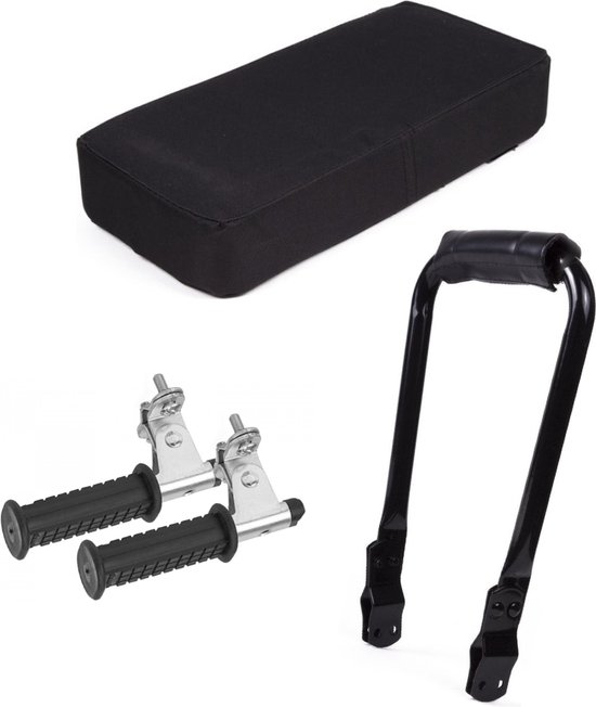 Voordeelfiets Bagagedrager Set - Fietskussen Zwart, Rugsteun (14-16 cm) & Inklapbare Voetsteunen - Compleet Achterop De Fiets Pakket! van Voordeelfiets