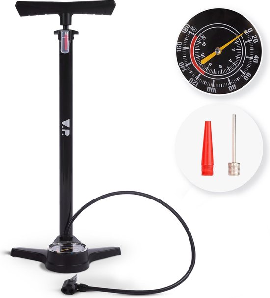 V.P. Staande Fietspomp met Drukmeter - Racefiets- en Mountainbike accessoires - Incl. extra opzetstukken - Tot 12 bar / Zwart van V.P.