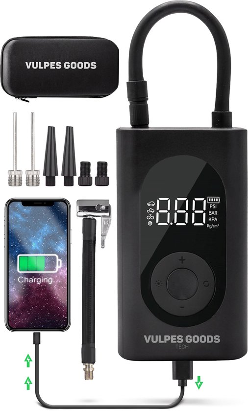 Vulpes Goods® Tech - Draagbare Compressor Bandenpomp - 6400mAh - Elektrische Fietspomp - Luchtcompressor voor Auto, Scooter, Fiets, Bal en Luchtbed - Incl. 7 opzetstukken - Zaklamp - Powerbank - Reiskoffer - PRO
