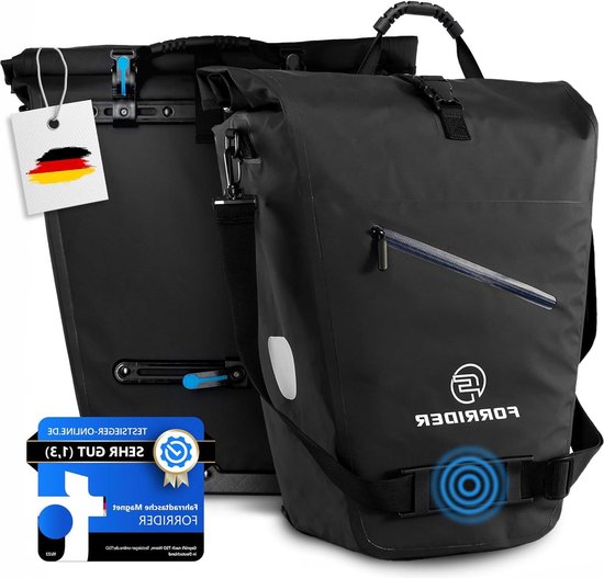 Waterdichte fietstas voor bagagedrager - 27 liter - met MagnetLock schouderriem - past op elke fiets. Waterproof bicycle bag van FastRider