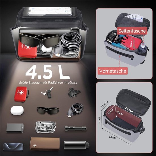 Waterdichte stuurtas voor fiets - e-bike en fiets - 45 liter fietstas - voorkant stuur fietstuurtassen - mobiele telefoonhouder - verstelbaar touchscreen - afneembare schouderriem Stuurtas fiets van $