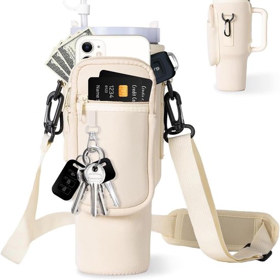 Waterfles Draagtas, Waterfles Houder met Verstelbare Riem & Telefoonvak Geschikt voor Stanley Cup, Geschikt voor Stanley Quencher 40 oz Tumbler, Wandelen, Hiken, Camping, Wit, 24.5 x 11 x 7.5 cm