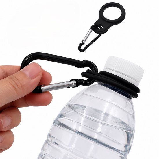 Waterfles Hanger - Siliconen Dop/Ring - Flessenhouder - Drinkfles Houder - Met Karabijnhaak- flessenhouder clip - Geschikt voor kamperen wandelen reizen vissen outdoor-activiteiten - Zwart - LOUZIR