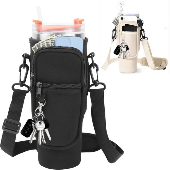 Waterfles houder-Tweedelige draagtas voor waterfles - waterfles niet inbegrepen - met telefoonvak - geschikt voor waterflessen van 1,2 liter/886 ml - tas met waterfleshouder - met verstelbare schouderband - met rietjeshouder - zwart-wit - 25x10 cm