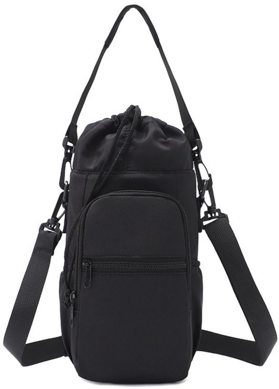 Waterfles Tas 600-1200ml - Drinkfles Houder met Schouderriem en Telefoonvak - Geïsoleerde Flessentas met 5 Vakken voor Wandelen, Fitness, Reizen en Outdoor - Zwart