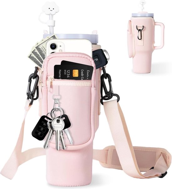 Waterfleshouder geschikt voor - stanley thermosfles stanley beker stanley drinkfles 40 oz - Draagtas - Bekerhouder - stanley cup accessoires - Schoudertas - Telefoonhouder - Roze van Merkloos