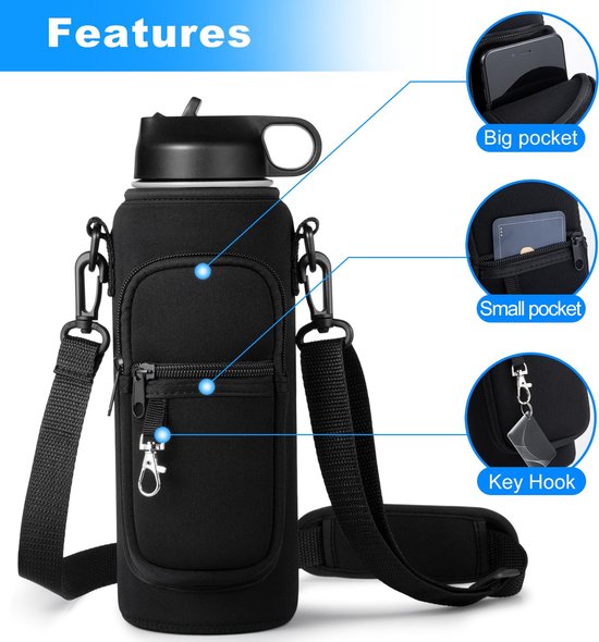 Waterfleshouderriem voor 32 oz geïsoleerde waterfles, rugriem, schouderriem, telefoonvak, waterfleshouder voor mannen, vrouwen, wandelen, kamperen, reizen