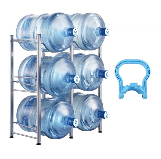 Waterflessenrek - Flessenhouder 3-Laags - Voor 6 Flessen - Geschikt Voor 19 Liter/5 Gallon Waterflessen - Robuust Staal - Antislip Voeten - Ruimtebesparend - Zilver